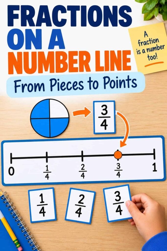 Fractions on a Number Line: How to Teach It (Grade 3) 1 A child uses the Fractions on a Number Line set to place a 3/4 card on a number line marked at 1/4, 2/4, 3/4, and 1—making it ideal for grade 3 math fraction lessons. The product also includes images of a pie chart and additional fraction cards. Text reads: Fractions on a Number Line.