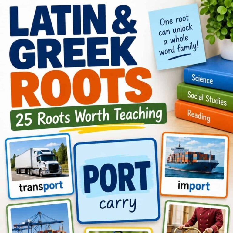 The “Greek and Latin Roots” educational poster highlights the root word PORT, meaning “carry,” with illustrations for words like transport and import, as well as images of people carrying bags. Designed to teach Latin and Greek root words, it also features books labeled Science, Social Studies, and Reading stacked on the side.