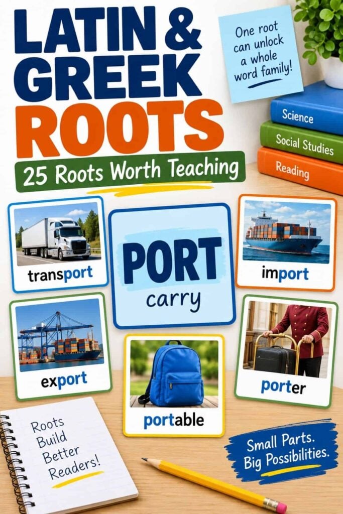Common Latin and Greek Roots: A List and How to Teach Them 1 Latin and Greek Roots is an educational poster that explores the Latin root “port,” meaning “carry,” with examples like transport, import, export, portable, and porter. This vibrant resource supports teaching roots in different school subjects and features colorful illustrations—including a notebook with a pencil on a desk.