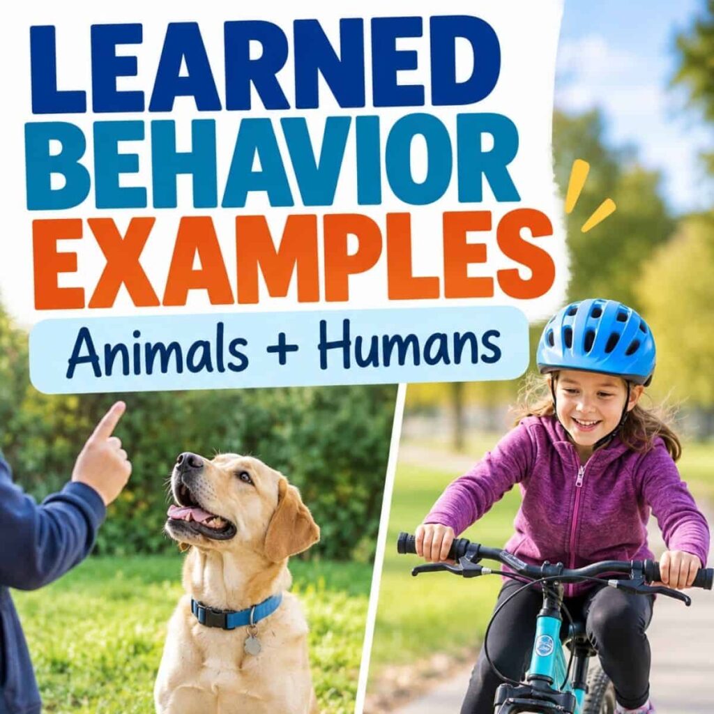 Learned Behaviors: Definition, Types, and Examples 13 A child points at a dog wearing a collar, while another child in a helmet smiles riding a bicycle. Text reads, Learned Behaviors—showcasing clear examples of learned behaviors in everyday life among animals and humans.