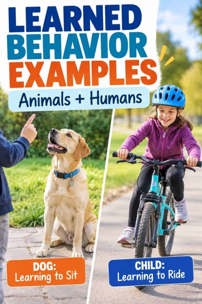 Learned Behaviors: Definition, Types, and Examples 1 Rewritten sentence using the product data: The “Learned Behaviors Examples” product shows how a dog learns to sit and a child learns to ride a bike, demonstrating types of learned behavior in both animals and humans. Text reads: Learned Behaviors Examples—Dog: Learning to Sit. Child: Learning to Ride.
