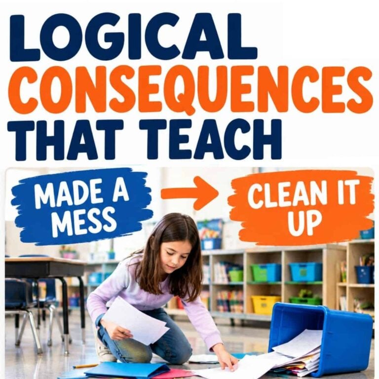 A girl kneels on the floor picking up papers from a spilled blue bin, with text: Logical consequences. Made a mess → Clean it up. This scene demonstrates how Logical consequences—an effective classroom management strategy—help students learn responsibility by experiencing the outcomes of their actions.