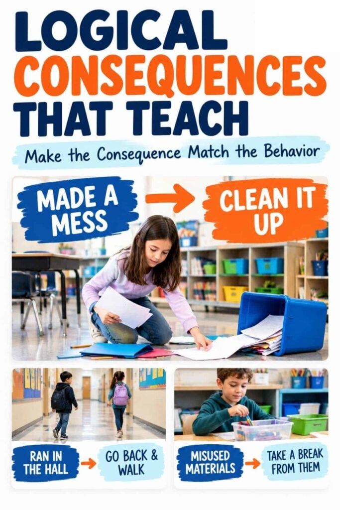 Classroom Consequences: Logical Ideas That Teach 1 A girl cleans up spilled supplies, demonstrating the concept from Logical consequences that teach, which shows how logical consequences support effective classroom management. Two smaller images illustrate: children walking in a hall after running, and a boy taking a break due to misusing materials. The text explains how Logical consequences that teach guides educators in matching classroom consequences to student behavior.