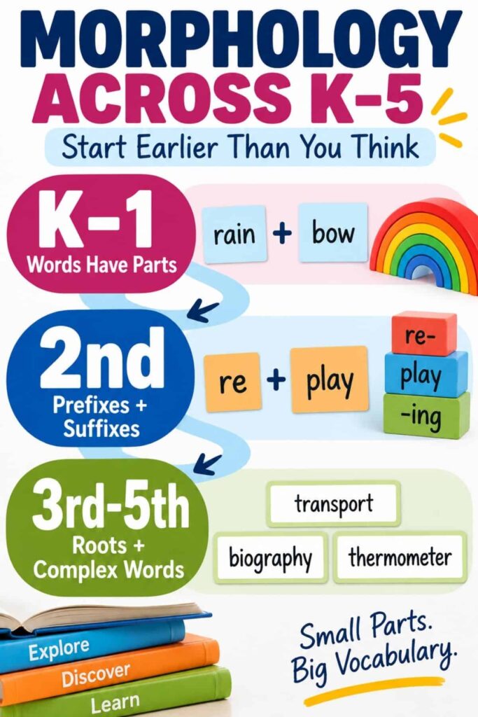 Infographic illustrating the progression in Morphology Across K-5: Kindergarten through 1st grade introduces word parts; 2nd grade delves into prefixes and suffixes; and grades 3 through 5 explore roots and more complex words. At the bottom, a stack of books visually represents a teacher’s guide to this foundational journey.