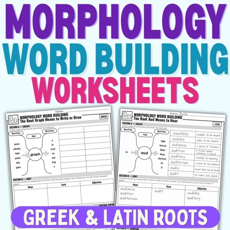Introducing Morphology Word Building: This engaging set includes two worksheets centered on Greek and Latin roots. The vibrant, bold header—Morphology Word Building Worksheets Greek & Latin Roots—makes these morphology worksheets both educational and visually appealing.