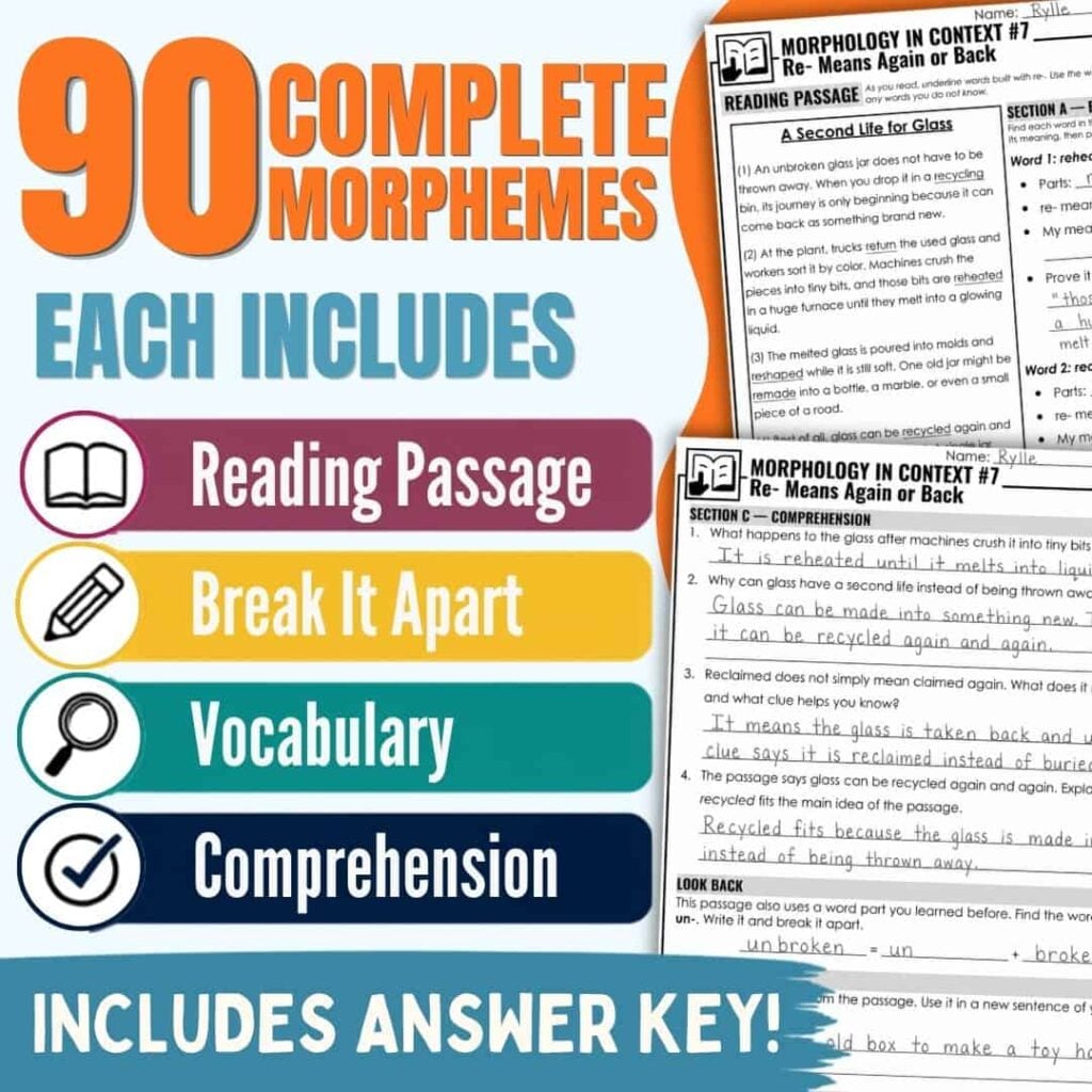 Morphology Reading Passages: Word Parts in Real Reading 3 Morphology in Context Bundle2 resource image advertising 90 Complete Morphemes with reading passages, vocabulary, comprehension, and answer key. Colorful icons and worksheet examples are partially visible, emphasizing morphological concepts such as suffixes and prefixes.