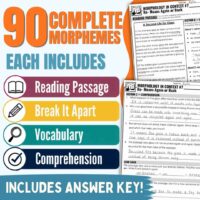 Morphology in Context Bundle2 resource image advertising 90 Complete Morphemes with reading passages, vocabulary, comprehension, and answer key. Colorful icons and worksheet examples are partially visible, emphasizing morphological concepts such as suffixes and prefixes.