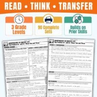 Two worksheet pages from the Morphology in Context Bundle3 are displayed under icons labeled 3rd, 4th, and 5th grades, 90 Complete Sets, and Builds on Prior Skills. The title above reads READ • THINK • TRANSFER, highlighting engaging Reading Passages designed to help students master key concepts in morphology.