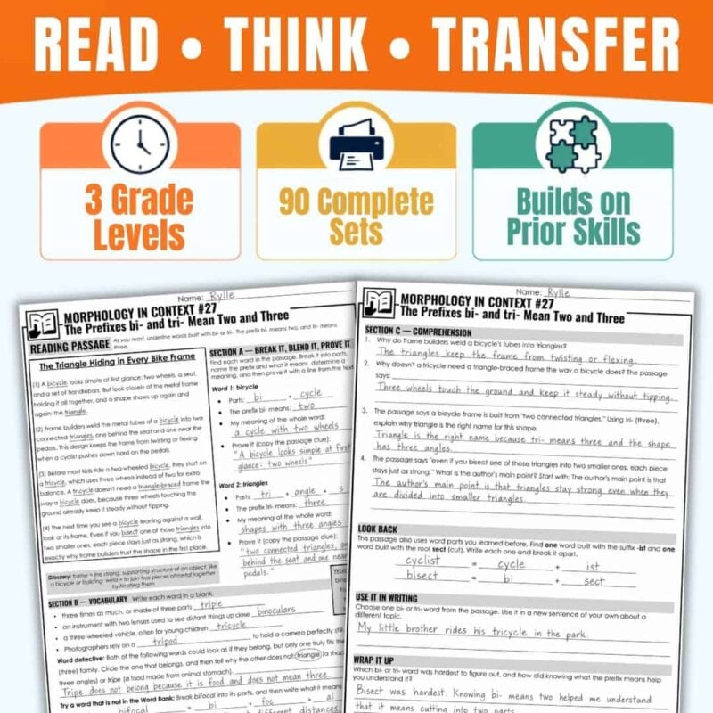 Morphology in Context Bundle3 Two worksheet pages from the Morphology in Context Bundle3 are displayed under icons labeled 3rd, 4th, and 5th grades, 90 Complete Sets, and Builds on Prior Skills. The title above reads READ • THINK • TRANSFER, highlighting engaging Reading Passages designed to help students master key concepts in morphology.