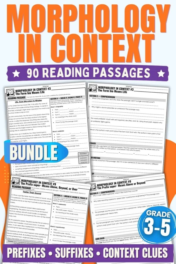 Morphology Reading Passages: Word Parts in Real Reading 1 Cover image for Morphology in Context PIN, a reading resource for grades 3-5 featuring 90 engaging passages that teach morphology concepts like prefixes, suffixes, and word parts. The cover showcases example worksheet pages and emphasizes using context clues to understand word meanings.