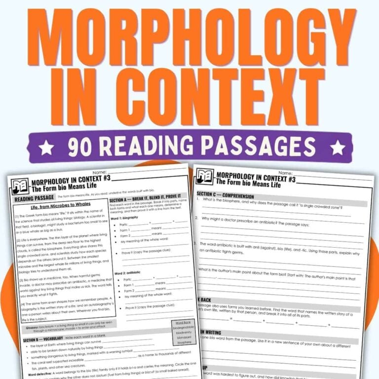 Cover features the title Morphology in Context POST. Below, two sample worksheet pages display a reading passage focusing on word parts such as “bio,” along with related comprehension and writing questions.