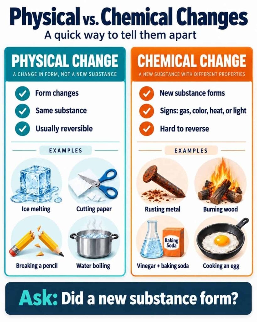 Check out the Physical vs Chemical Changes Graphic—an ideal classroom infographic that contrasts physical and chemical changes with clear examples, such as ice melting (physical) and rusting metal (chemical). Physical changes are usually reversible, while chemical changes form new substances and are typically not reversible.