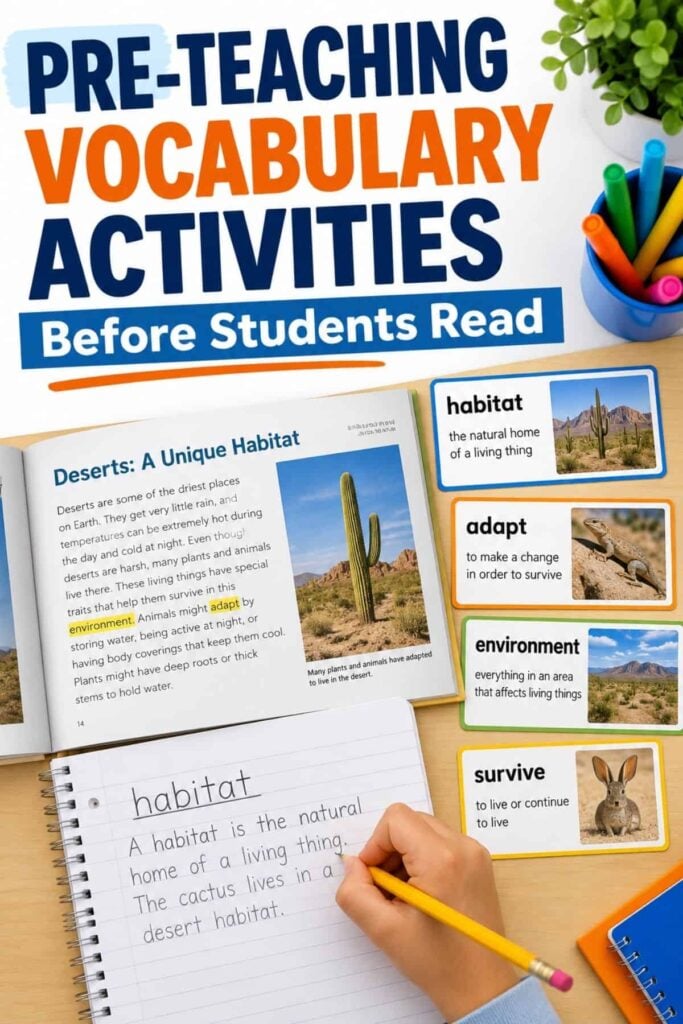 Pre-Teaching Vocabulary Activities That Boost Comprehension 1 Pre-teaching vocabulary activities with word and picture cards students sort before reading Excerpt: Pre-teaching vocabulary activities give students the words they need before they read. Here is how to choose the right words and teach them in K-5.