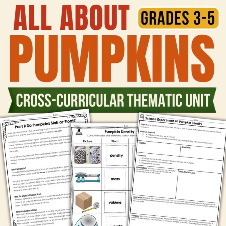 Pumpkin Thematic Unit for grades 3-5 offers real rigor with hands-on science experiments and engaging pumpkin-themed activities that investigate pumpkin density, mass, and volume. Three sample worksheet pages are partially shown, making this resource ideal for upper elementary classrooms.