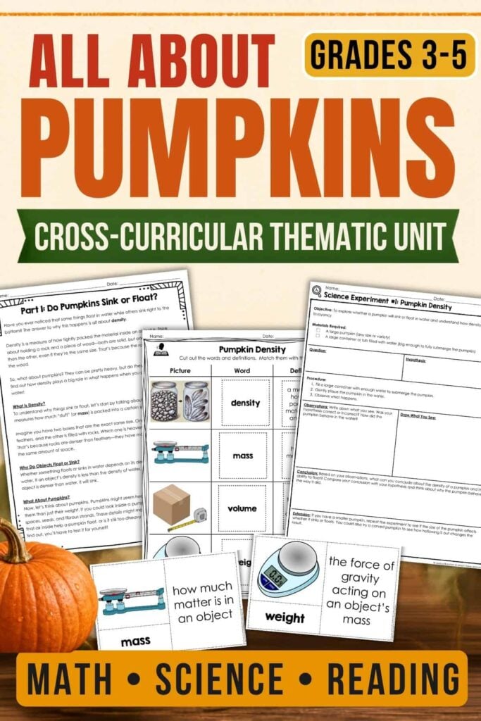Pumpkin Activities for Upper Elementary That Have Real Rigor 1 Introducing the Pumpkin Thematic Unit Grades 3-5, an engaging educational resource featuring worksheets on pumpkin density, mass, and gravity. Designed for upper elementary classrooms, this unit brings real rigor to your math, science, and reading instruction with fun and educational pumpkin activities. A vibrant pumpkin illustration is featured in the corner.