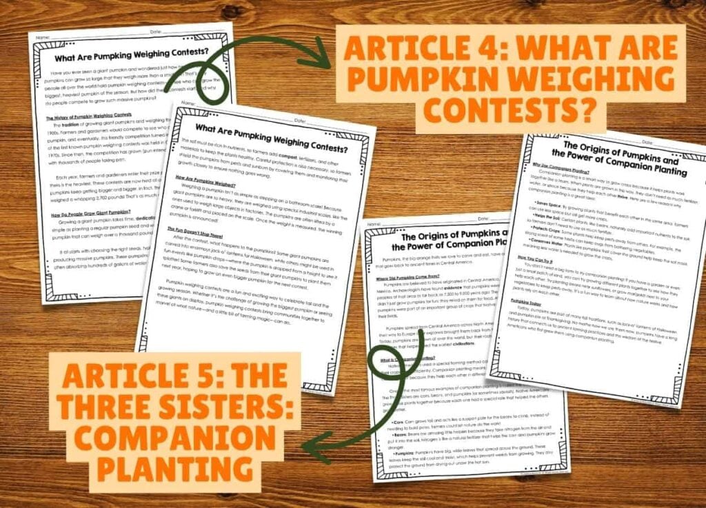 Pumpkin Activities for Upper Elementary That Have Real Rigor 2 Five printed pages from Pumpkin articles are displayed on a wooden surface. Arrows point to the titles: ARTICLE 4: WHAT ARE PUMPKIN WEIGHING CONTESTS? and ARTICLE 5: THE THREE SISTERS: COMPANION PLANTING. These engaging resources provide upper elementary students with rigorous pumpkin activities designed to spark curiosity and deepen understanding.
