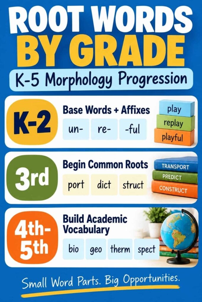 Common Latin and Greek Roots: A List and How to Teach Them 2 The “Root Words by Grade” infographic illustrates students’ progression: in K-2, they learn base words and affixes; in 3rd grade, instruction introduces roots; and by 4th-5th grade, vocabulary expands with Latin roots and Greek roots like bio, geo, therm, and spect.