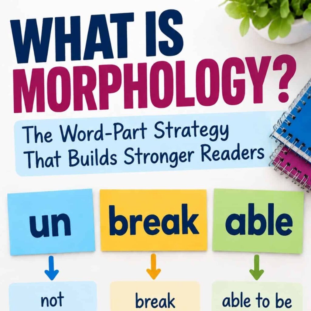 Literacy Centers for Upper Elementary 3 Text graphic titled What is Morphology (2): The Word-Part Strategy That Builds Stronger Readers, featuring examples like un (not), break (break), and able (able to be). Perfect for teaching word parts, this teacher’s guide illustration shows blue notebooks and a plant in the corner.