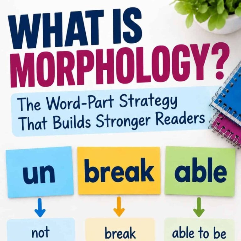 Text graphic titled What is Morphology (2): The Word-Part Strategy That Builds Stronger Readers, featuring examples like un (not), break (break), and able (able to be). Perfect for teaching word parts, this teacher’s guide illustration shows blue notebooks and a plant in the corner.