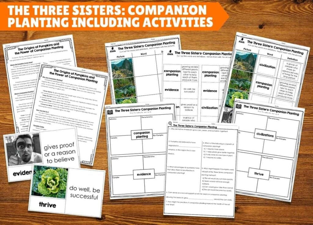Pumpkin Activities for Upper Elementary That Have Real Rigor 4 A set of worksheets and activity pages titled Companion Planting, displayed on a wooden surface, includes images, word boxes, definitions, and photos of plants. Designed for Upper Elementary students, these resources combine Real Rigor with engaging pumpkin activities to enrich learning.