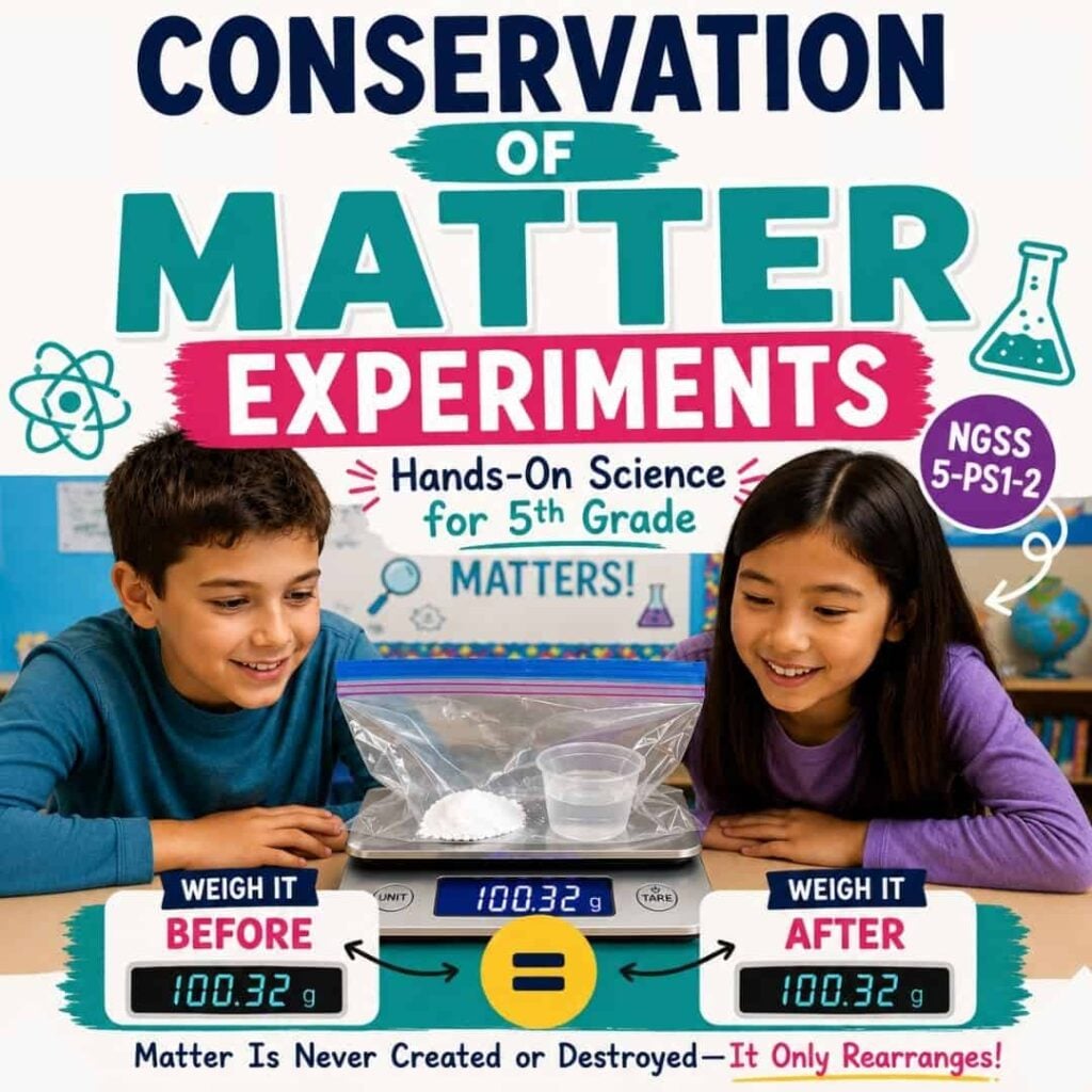 Two smiling children sit at a table in a classroom, exploring the “conservation of matter experiments (1)” by observing a science investigation with a sealed bag placed on a scale. The text highlights how matter is conserved during physical changes, displaying equal weights before and after, and is designed for hands-on learning at the 5th-grade level.