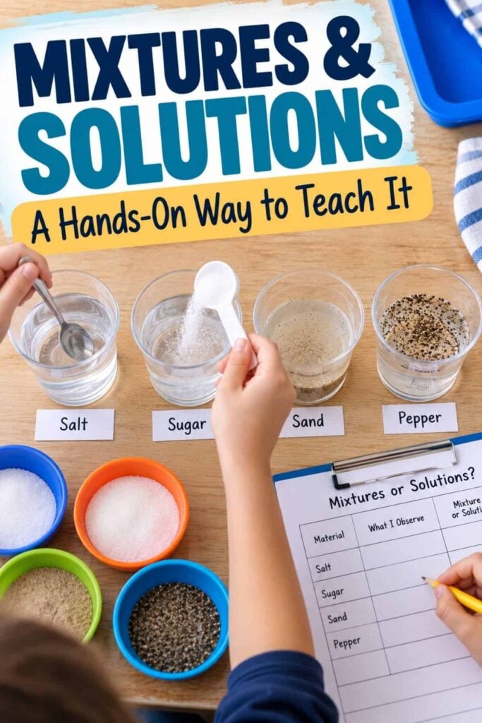 Mixtures and Solutions: What They Are and How to Teach Them 4 With the Hands On Mixtures and Solutions set, a child explores how adding substances like salt, sugar, sand, and pepper to water creates different mixtures and solutions. Bowls, clear glasses, and a worksheet labeled “Mixtures or Solutions?” are included to help teach these important science concepts.