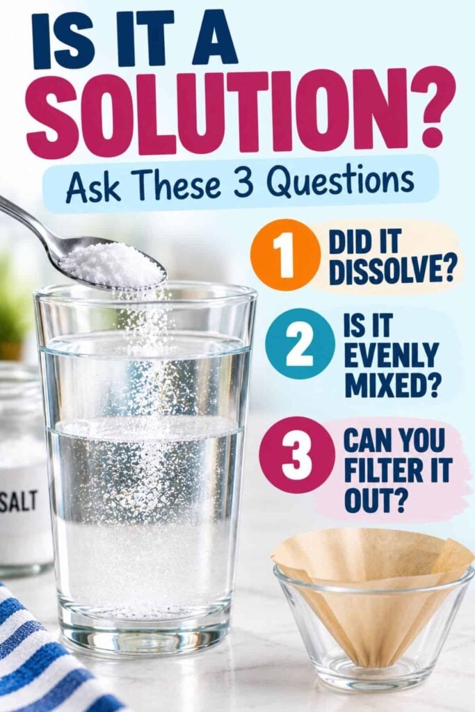 Mixtures and Solutions: What They Are and How to Teach Them 3 A spoon pours salt from the “is it a solution” container into a glass of water. Text asks, Is it a solution? and lists three questions: Did it dissolve, is it evenly mixed, can you filter it out? This visual uses the “is it a solution” product along with a filter and bowl to help teach about mixtures and solutions.