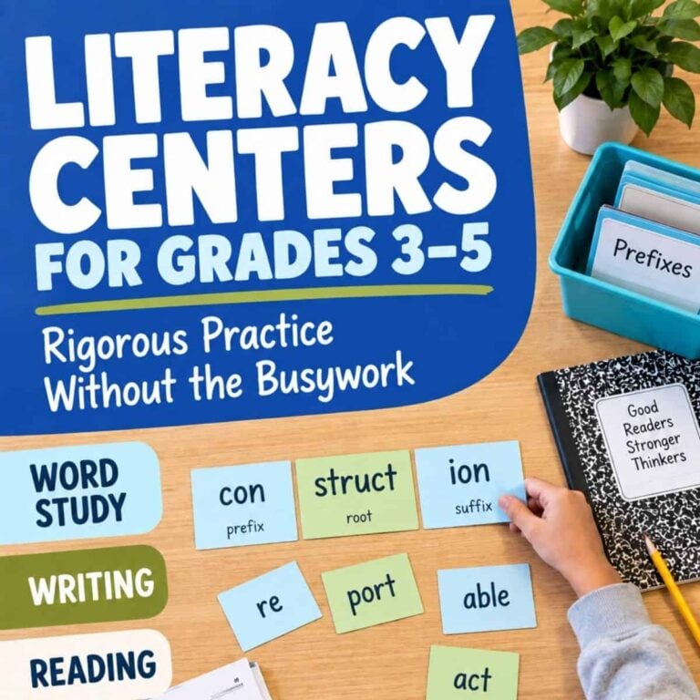 A student arranges word cards beneath columns labeled prefix, root, and suffix at a desk filled with materials for word study, writing, and reading. A sign displays the product name: Literacy Centers for Grades 3-5. These engaging literacy centers are perfect for upper elementary students who want to strengthen their vocabulary and word analysis skills.