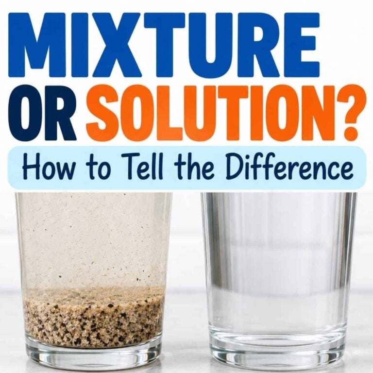 Two glasses: one with water and sand settled at the bottom, one with clear water. Text above reads, Mixture vs Solution: How to Tell the Difference. Perfect for teaching students about mixtures and solutions.