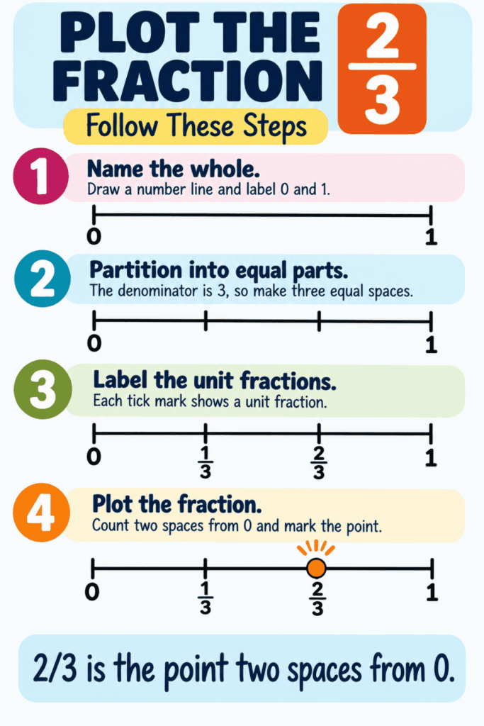 Fractions on a Number Line: How to Teach It (Grade 3) 2 Here’s a revised version of your sentence using the provided product data: Infographic for grade 3 students demonstrating how to plot fractions on a number line (1) in four easy steps. Each stage includes clearly labeled number lines and colorful numbered icons, making learning about fractions fun and engaging.