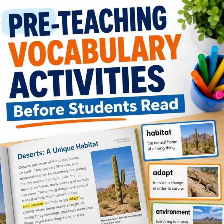 On the desk, the “pre-teach vocabulary” book about deserts is next to vocabulary cards for habitat, adapt, and environment, with colored pencils in a cup nearby. The heading says: Pre-teaching Vocabulary Activities to Boost Comprehension Before Students Read.
