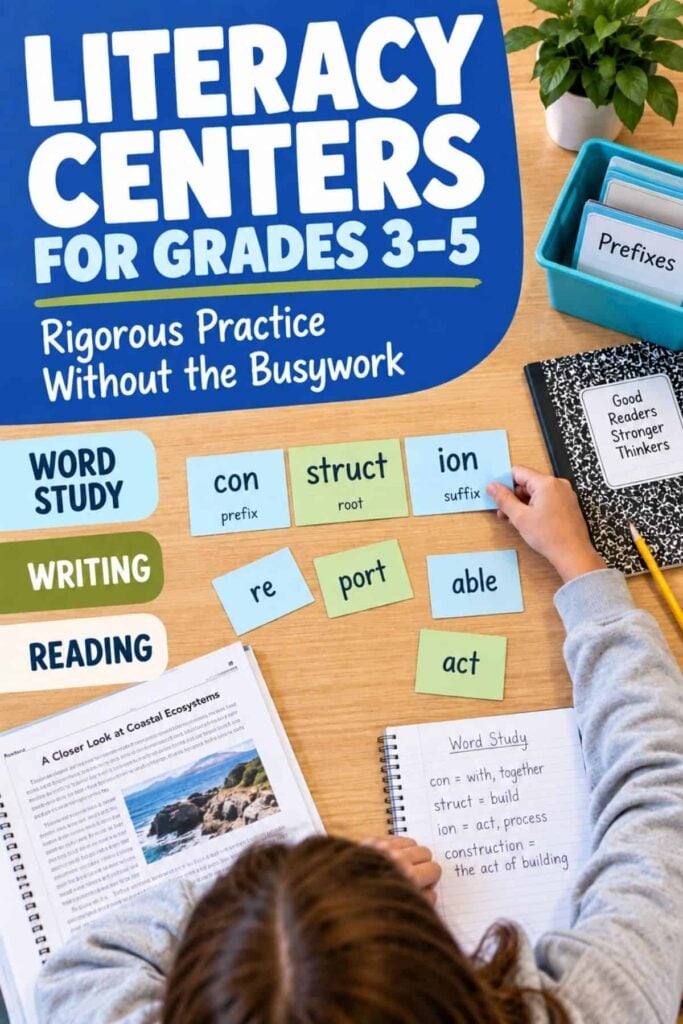 Literacy Centers for Upper Elementary 1 A student engages in word study with cards featuring words like “construct” and “reportable” at a desk labeled “upper grade literacy centers,” surrounded by reading and writing books and notebooks to create an engaging environment perfect for effective upper grade literacy centers.