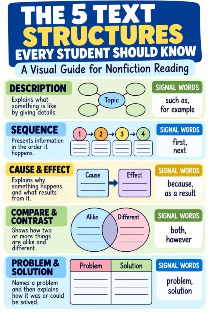 The infographic 5 text structures highlights Description, Sequence, Cause & Effect, Compare & Contrast, and Problem & Solution, with examples and signal words for each.