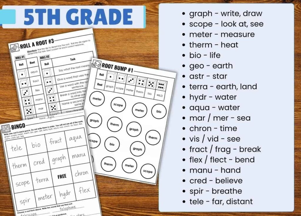 Greek and Latin Root Words Games That Make Roots Stick 4 5th grade games including a root word bingo board, a die-rolling activity sheet, and a list of definitions for Greek and Latin root words.