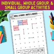 A COVER THUMB 17908384 Greek & Latin Roots 5th (1) Roll a Root Dots and Boxes activity sheet featuring a grid of dots, sample words like marine and astronaut, and a dice-based key at the bottom.
