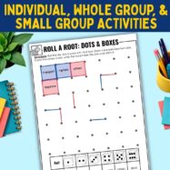 A Roll a Root: Dots & Boxes educational worksheet for COVER THUMB 17915456 Greek & Latin Roots 4th (1) featuring a dot grid for a game, a dice chart with Greek and Latin roots, and instructions.