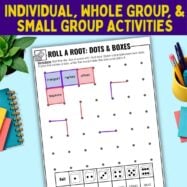 COVER THUMB XXX Greek & Latin Roots BUNDLE (1) educational worksheet featuring a Roll a Root: Dots & Boxes game, a dot-grid board, dice roll key, and instructions for individual, small, or whole group play.