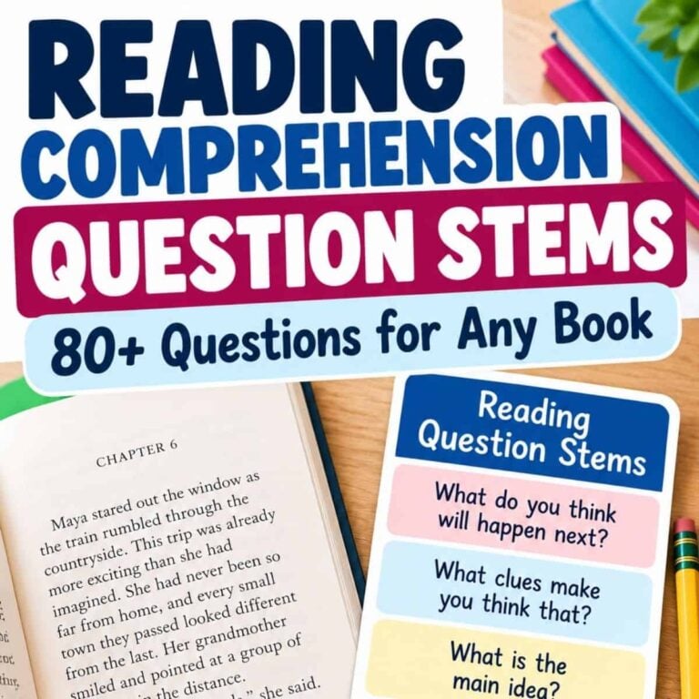 Comprehension Question Stems (2) displayed next to an open book and a list of sample comprehension questions.