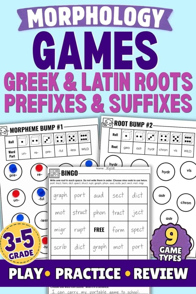 Greek and Latin Root Words Games That Make Roots Stick 1 Greek and Latin Roots Games educational sheets featuring Bingo cards and dice-rolling activities for vocabulary building in grades 3-5.