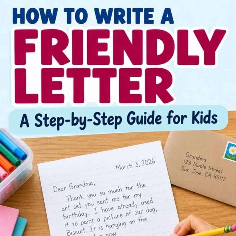 How a Letter Is Written teaches kids how to write a letter, with a sample letter to Grandma, colorful markers, and an addressed envelope on a desk.