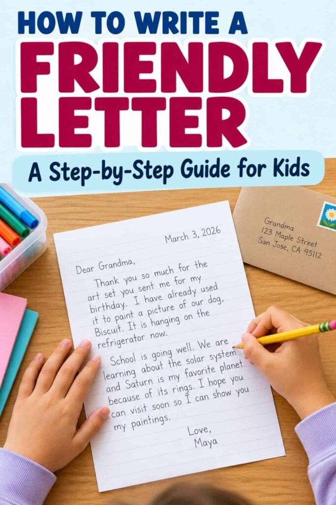 How a Letter Is Written: Steps, Parts, and a Sample 1 A child writes a letter to Grandma with colored pens and envelopes, using the step-by-step guide for kids titled How to Write a Friendly Letter on lined paper.