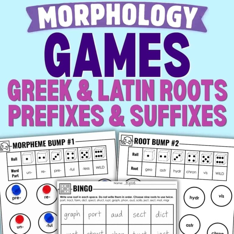 Morphology Games educational sheets for learning Greek and Latin roots, prefixes, and suffixes, featuring Morpheme Bump and Bingo boards for practicing root words.