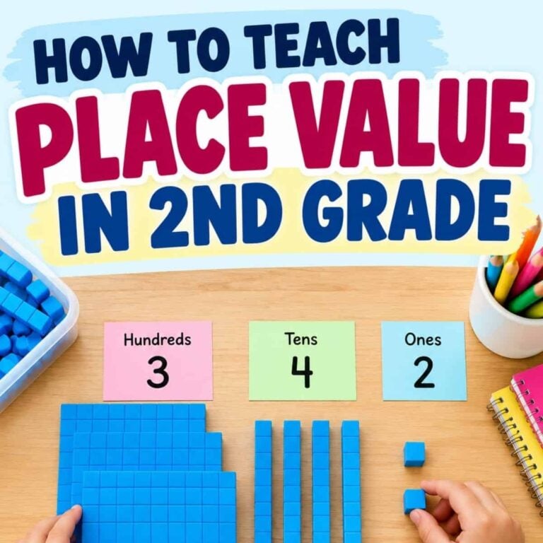 Hands arrange blue base ten blocks into hundreds, tens, and ones under labeled cards on a table with colorful stationery nearby. Text reads: Teach Place Value to 2nd Graders (2).