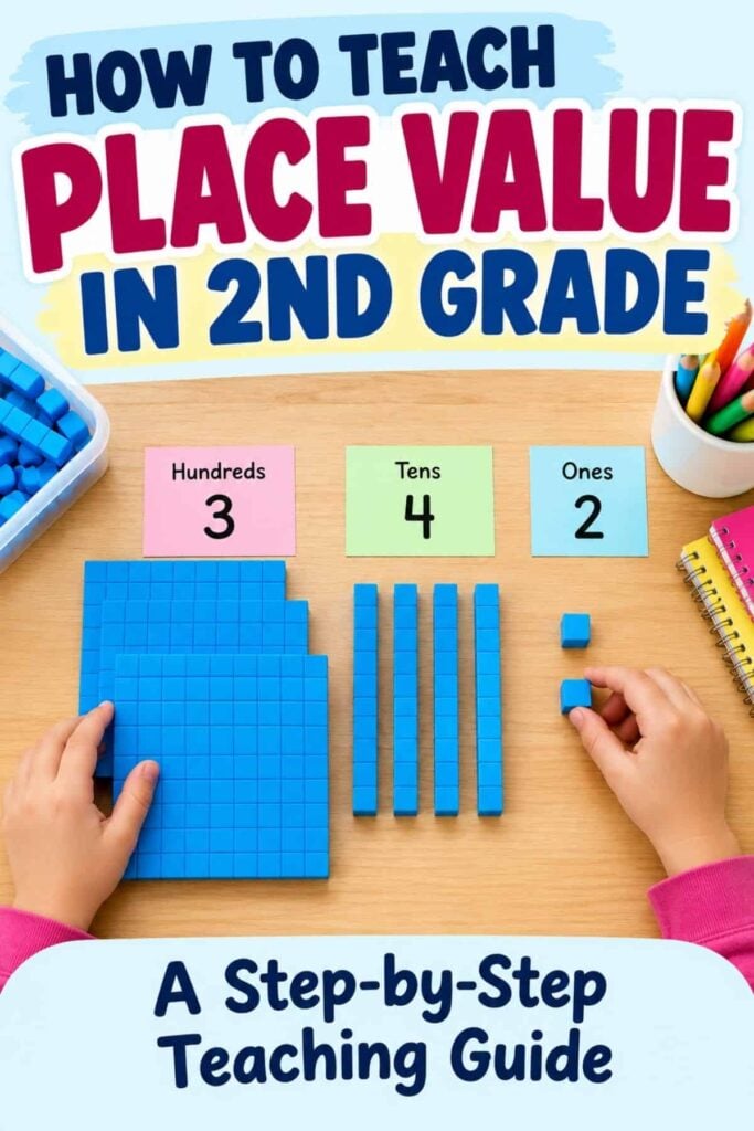 How to Teach Place Value to 2nd Graders: Step by Step 1 A child sorts blue base ten blocks by hundreds, tens, and ones under labels, making math simple with the Teach Place Value to 2nd Graders step-by-step teaching guide.
