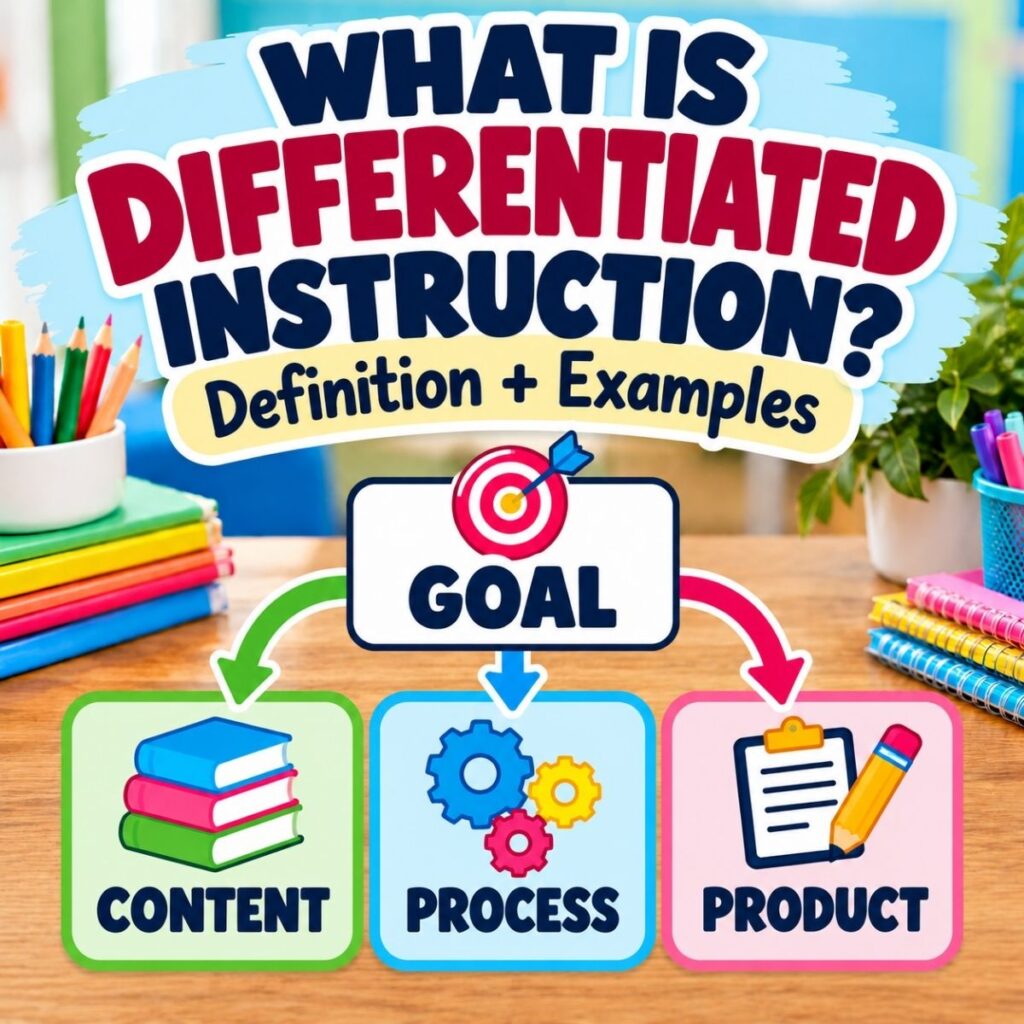 What Is Differentiated Instruction? Definition + Examples 19 The colorful graphic for What is differentiated instruction uses icons—books (content), gears (process), and paper & pencil (product)—to illustrate key elements leading toward a central goal.