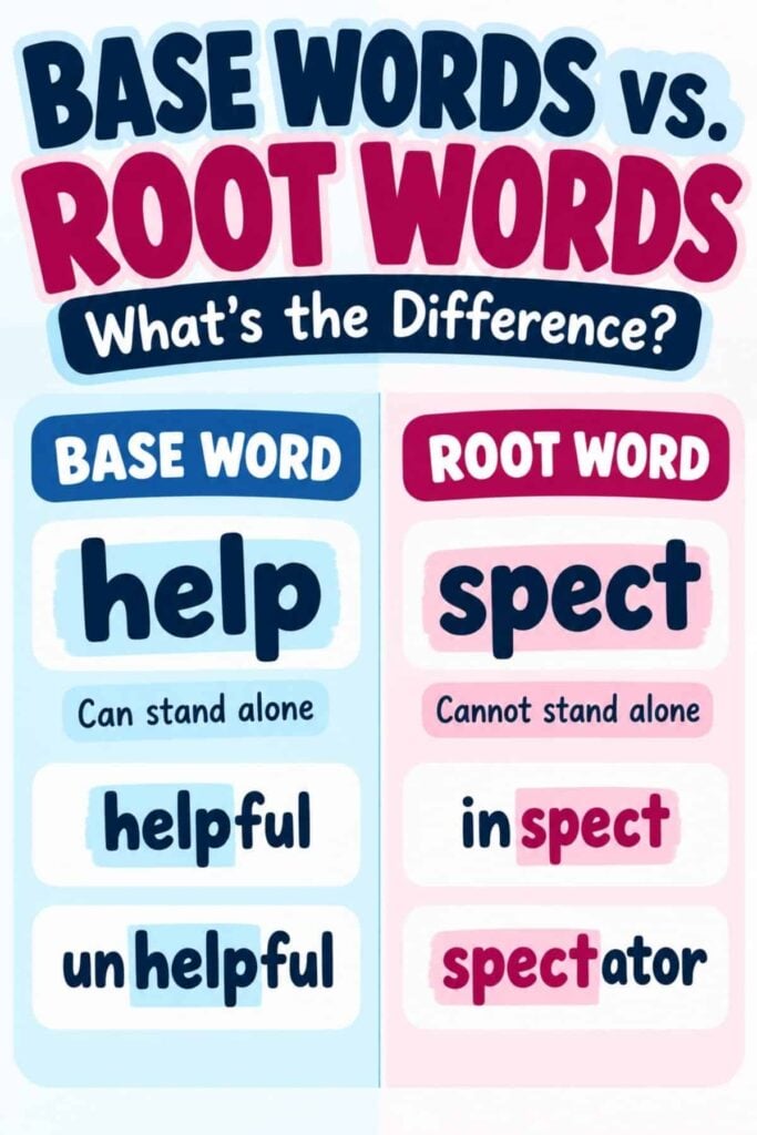 Discover the differences with base vs root word: base words can stand alone (help—helpful, unhelpful), while root words cannot (spect—inspect, spectator).