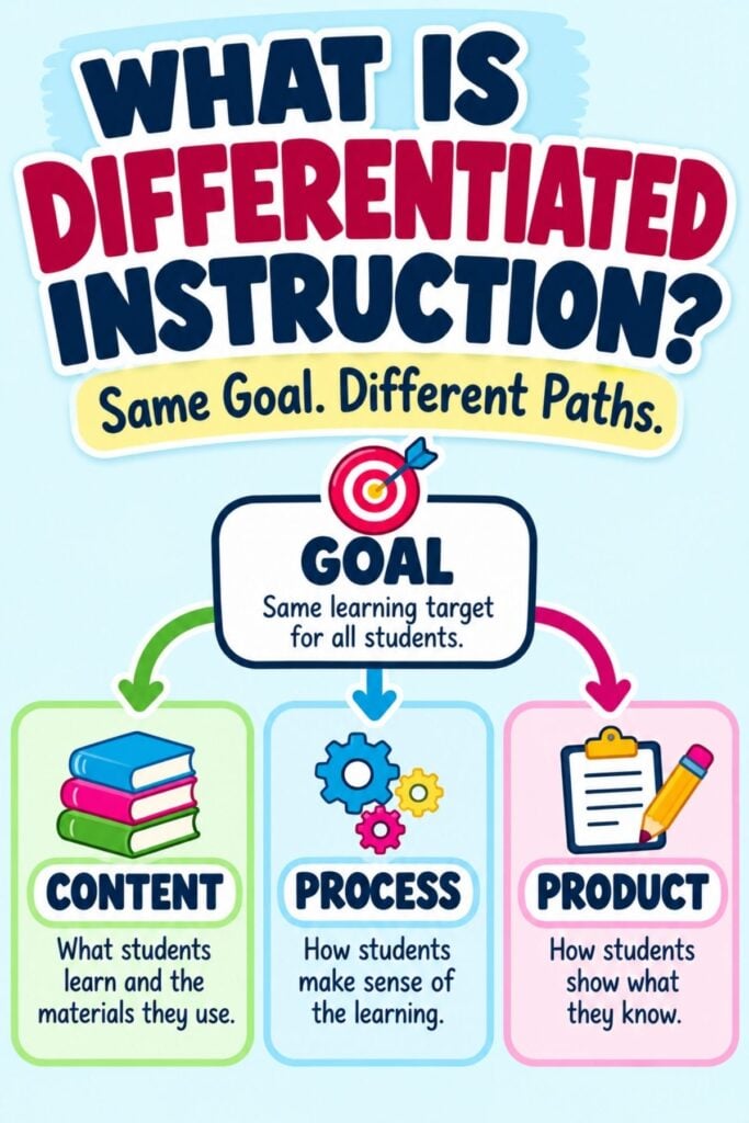 What Is Differentiated Instruction? Definition + Examples 1 Infographic titled What is differentiated instruction? shows how differentiated instruction adapts Content, Process, and Product—with icons and explanations—to reach the same learning goals for all students.