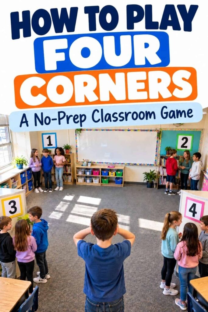 How to Play Four Corners: Classroom Game for Review 1 Students stand in four groups around the classroom playing a four corners game, while a child in the foreground stands with hands on their head.