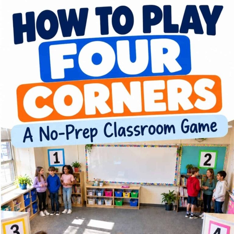 Elementary students stand at numbered corners in a classroom while playing how to play four corners, a popular no-prep classroom game.