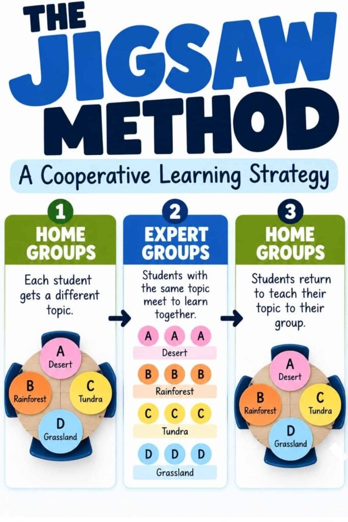 The Jigsaw Method: A Step-by-Step Classroom Guide 1 Infographic illustrating the jigsaw method cooperative learning three-step process, showing students moving from home groups to expert groups and back to share knowledge about different biomes.